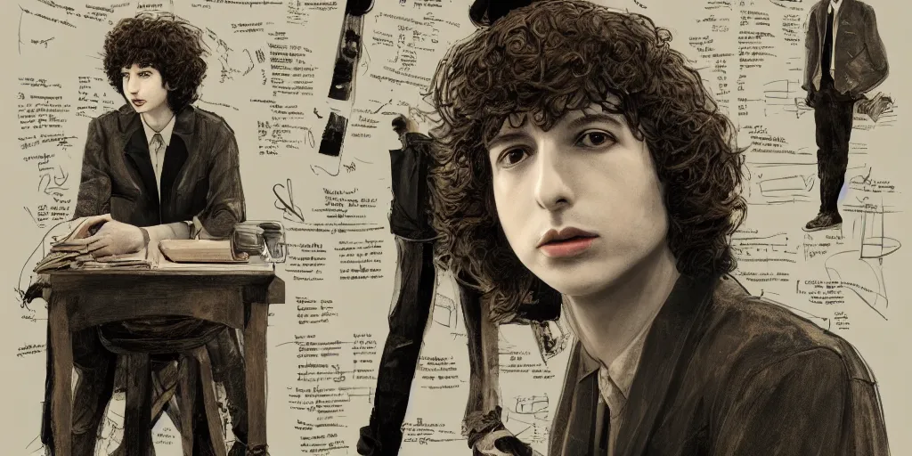 Prompt: finn wolfhard as 1 9 6 6 bob dylan, character sheet, concept art, contrast, kim jung gi, greg rutkowski, zabrocki, karlkka, jayison devadas, trending on artstation, 8 k, ultra wide angle, pincushion lens effect