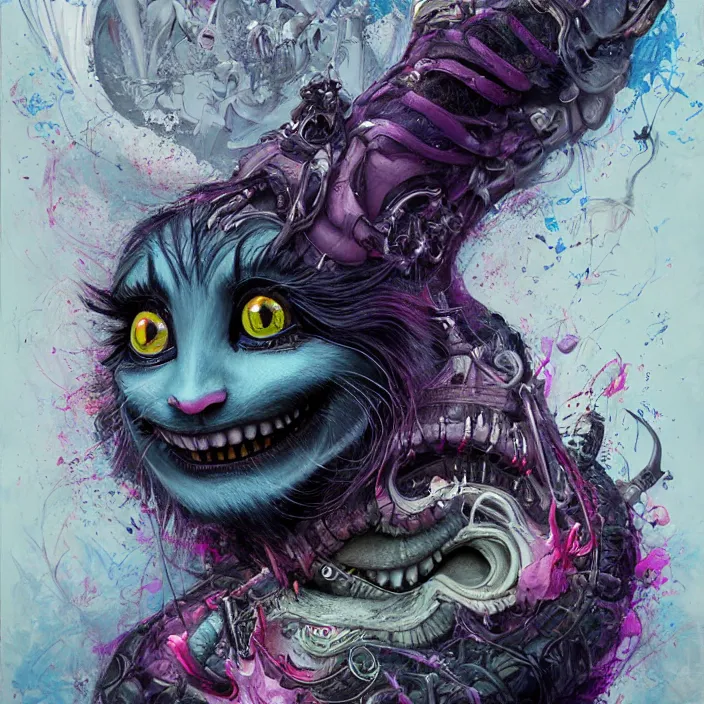 Image similar to dream portrait of Cheshire Cat from Alice in Wonderland,full character, melting ,8k,by tristan eaton,Stanley Artgermm,Tom Bagshaw,Greg Rutkowski,Carne Griffiths, Ayami Kojima, Beksinski, Giger,trending on DeviantArt,face enhance,hyper detailed,minimalist,cybernetic, android, blade runner,full of colour