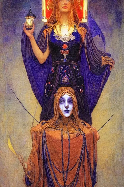 Image similar to queen of the dead with her lantern and regalia, by Annie Swynnerton and Nicholas Roerich and jean delville and Gaston Bussière, black leather and embroidered velvet, iridescent beetles, rich color, dramatic cinematic lighting, extremely detailed