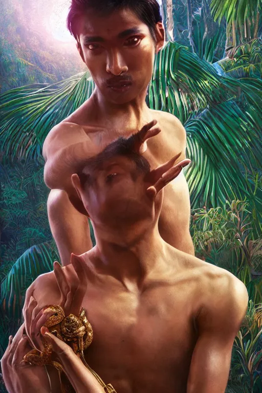 Image similar to stunningly beautiful, male nepali dancer in jungle, symmetrical face, golden hour, smooth, focus, highly detailed, hyper realistic, dramatic lighting, elegant, intricate, concept art, art by wlop, mars ravelo, greg rutowski, artstation