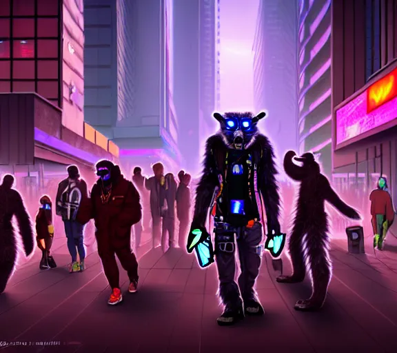 Image similar to high - resolution photograph from a cyberpunk era furry fandom convention ( midwest furfest 2 0 4 7 ), taking place after the genetic revolution and singularity. photorealistic.