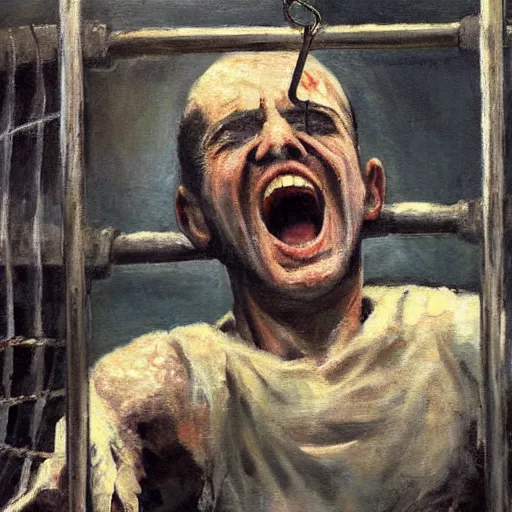 Prompt: a screaming prisoner holding prison bars, realism old painting
