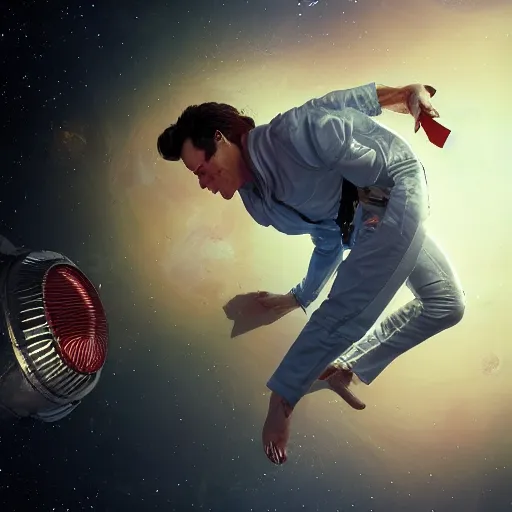 Image similar to hyperrealistic film still of ace ventura pet detective asphyxiating in space, stunning 3 d render, inspired by istvan sandorfi & greg rutkowski & unreal engine, perfect symmetry, dim volumetric cinematic lighting, 8 k octane comprehensive render, extremely hyper - detailed, incredibly lifelike attributes, intricate, real flesh texture, masterpiece, artstation, stunning,