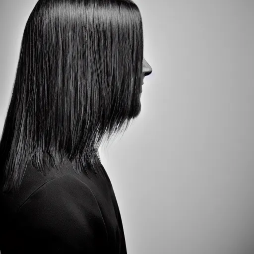 Prompt: profile portrait of a typical person with waist-length incredible hair in Versailles by david Bailey, gelatin silver finish, nd4, 85mm, perfect location lighting