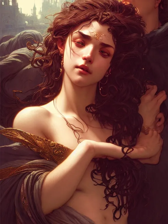 Prompt: samson and delilah, coveted, beautiful and aesthetic, intricate, unreal engine, messy hair, highly detailed, detailed face, smooth, sharp focus, chiaroscuro, renaissance illustration, artgerm, greg rutkowski, ilya kuvshinov, rossdraws, alphonse mucha, young adult light novel cover art