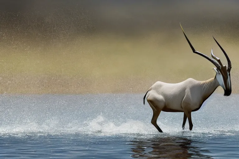 Prompt: ultra realistic nature photography, panoramic picture of ( subject : a beisa oryx drinking at a water hole ). wavy, scattered light entering from the water surface, artstation, focus on the beisa oryx, extremely hyperrealistic crisply sharp oryx, 8 k