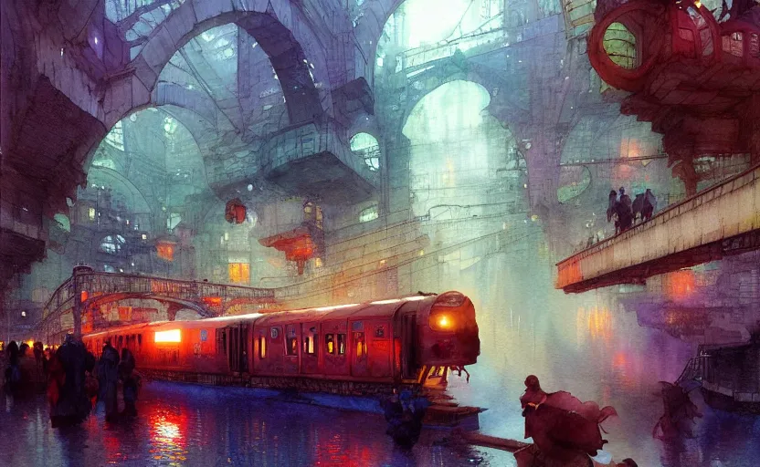 Image similar to an urban train rides inside of a waterway on a fantasy city. intricate, amazing composition, colorful watercolor, by ruan jia, by maxfield parrish, by marc simonetti, by hikari shimoda, by robert hubert, by zhang kechun, illustration, gloomy