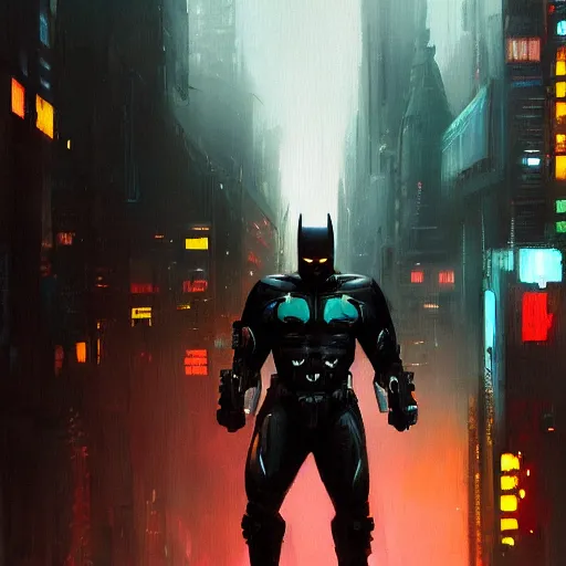 Image similar to cyberpunk batman, futuristic, brush strokes, oil painting, city background, greg rutkowski