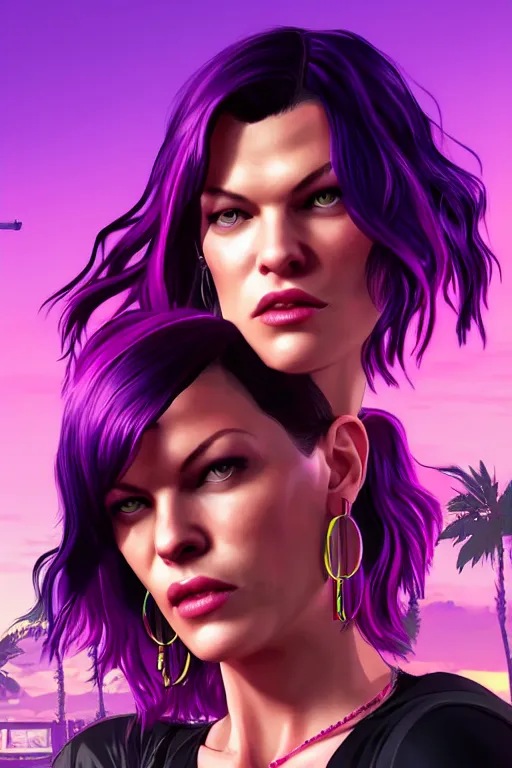 Image similar to a stunning GTA V loading screen Milla Jovovich with ombre purple pink hairstyle, hair blowing in the wind, hoop earrings, sunset mood, outrun, vaporware, retro, digital art, trending on artstation