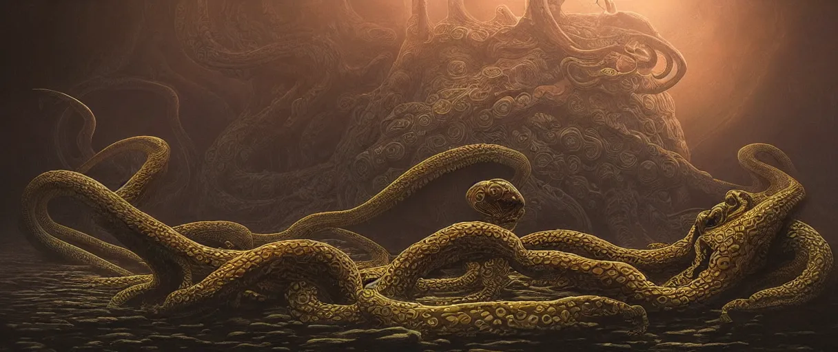 Prompt: detailed hyper realistic alien octopus ,alien snake, floating island, beautiful dramatic moody lighting, cinematic atmosphere, by Jean Giraud, Alex Grey, Zdzislaw Beksiński, Dan Mumford, Patiphan Sottiwilaiphong, Yintion J - Jiang Geping