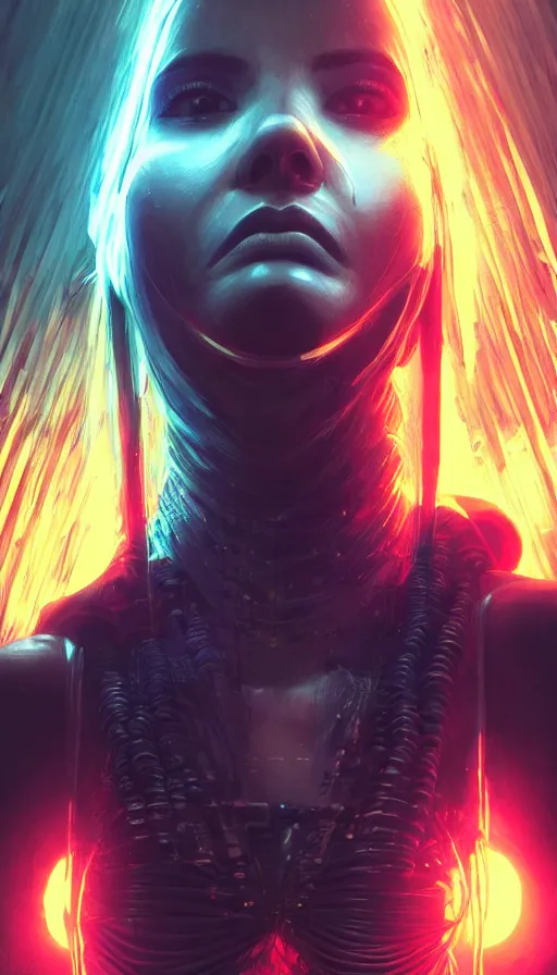 Image similar to I have no mouth and i want to scream, cyberpunk angry gorgeous goddess, alterd carbon, shot from a movie, neon, fibonacci, sweat drops, insane, intricate, highly detailed, digital painting, artstation, concept art, smooth, sharp focus, illustration, Unreal Engine 5, 8K, art by artgerm and greg rutkowski and alphonse mucha