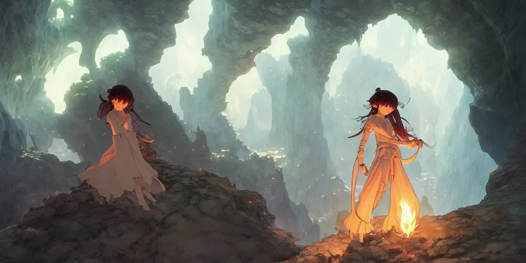 Image similar to the girl and the cave. anime, fantasy, smooth. torches, dark, digital painting, by hayao miyazaki and rossdraws and artgerm and chie yoshii and detmold and greg rutkowski and alphonse mucha. artstation. high quality, stunning, intricate detailed environment. 8 k