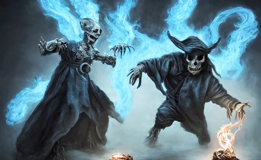 Image similar to portrait of a humanoid rat sorcerer with a rat skull for a head and holding a blue flame in each bony hand, laser eyes, dark hooded sorcerer robes, fantasy, d & d, greg rutkowski, frank frazetta, intricately detailed, impressive lighting, misty environment, power stance, ultimate power, doom, 8 k hdr