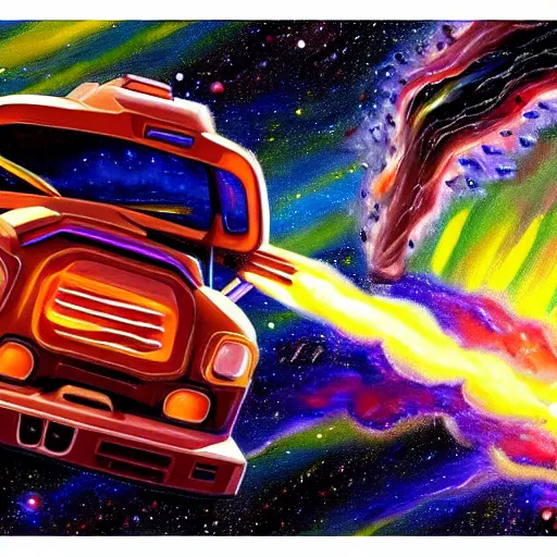 Prompt: the deliverator's car has enough potential energy packed into its batteries to fire a pound of bacon into the asteroid belt, oil painting in the style of bob ross