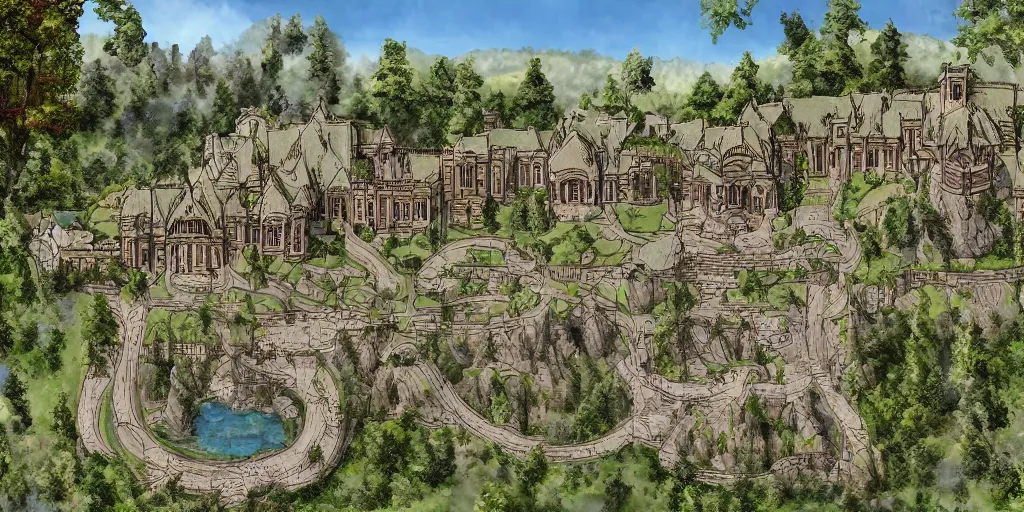 Image similar to large residence in the style of rivendell