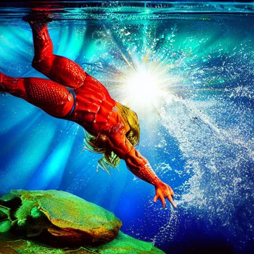 Prompt: aquaman breaking the surface of the water, underwater photography with light scattering and water refractions, smooth