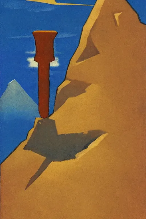 Image similar to thor holding the hammer, stay on mountain, marvel, artwork by nicholas roerich,