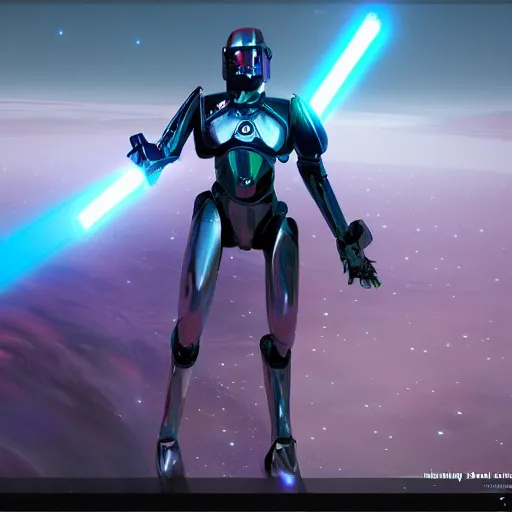 Image similar to humanoid robot wielding lightsaber in front of a violet planet, unreal engine, featured on cgsociety, trending on artstation, detailed, scifi futuristic character concept