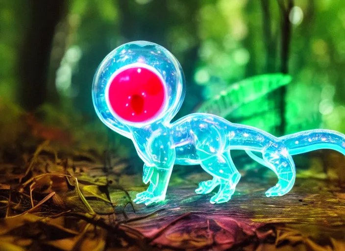 Image similar to photo of a translucent clear chibi style baby dinosaur with symmetrical head and eyes, made out of clear plastic, but has red hypercolor glowing electric energy inside its body, and electricity flowing around the body. in the forest, fantasy tron. highly detailed. intricate design by pixar