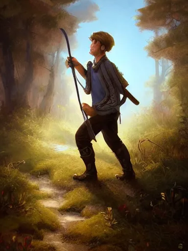 Image similar to a youthful handsome man holding a staff, walking in a rural area. intricate, elegant, highly detailed, digital painting, artstation, concept art, sharp focus, illustration, by justin gerard and artgerm, 8 k