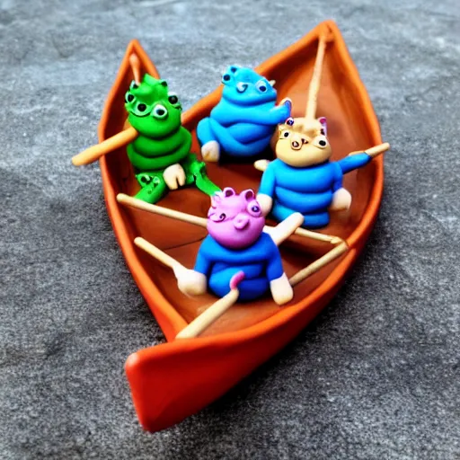 Image similar to polymer clay dragons in a canoe, eating pizza, claymation