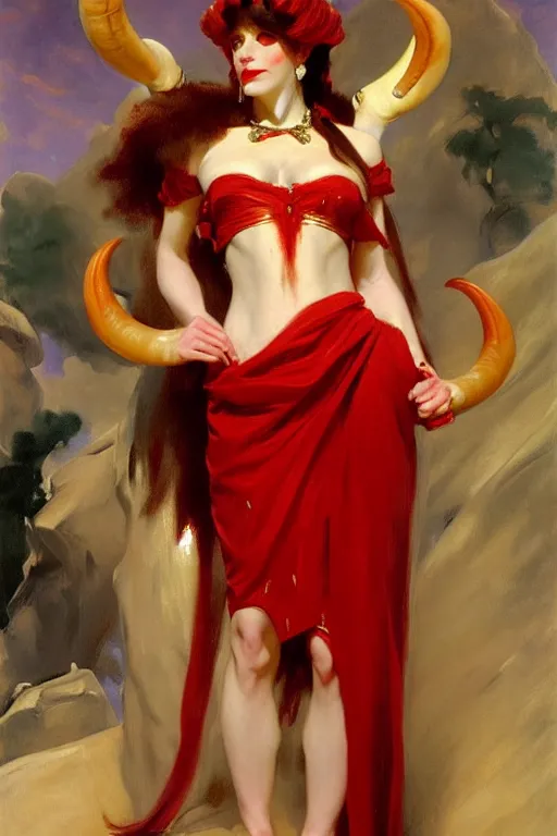 Image similar to painted close - up portrait of a attractive red - skinned intimidating demon girl with ram horns! oil painting, wearing a noblewoman's outfit, fantasy art by john singer sargent and gaston bussiere, demon noble character design, hd