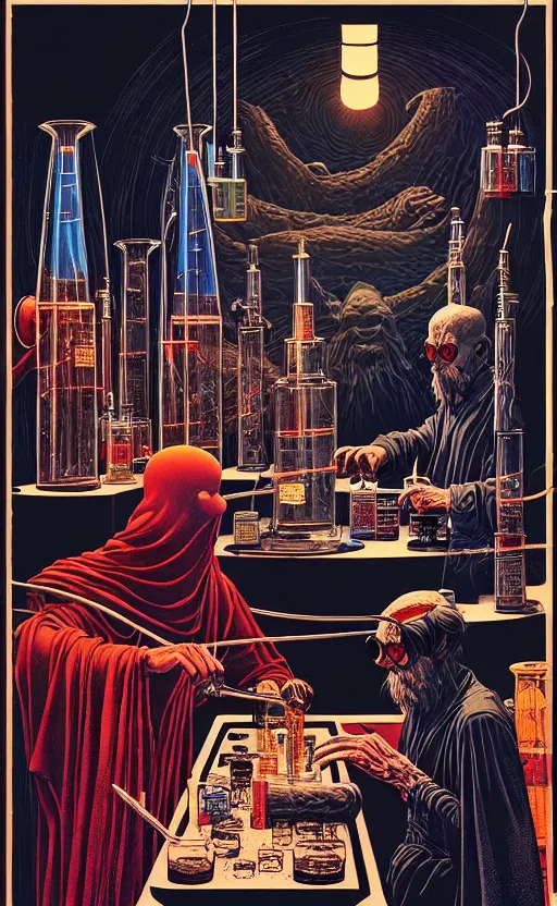 Image similar to ancient cloaked wizards mixing potions in his laboratory, high details, intricately detailed, by vincent di fate, inking, 3 color screen print, masterpiece, trending on artstation,, sharp, details, hyper - detailed, hd, 4 k, 8 k