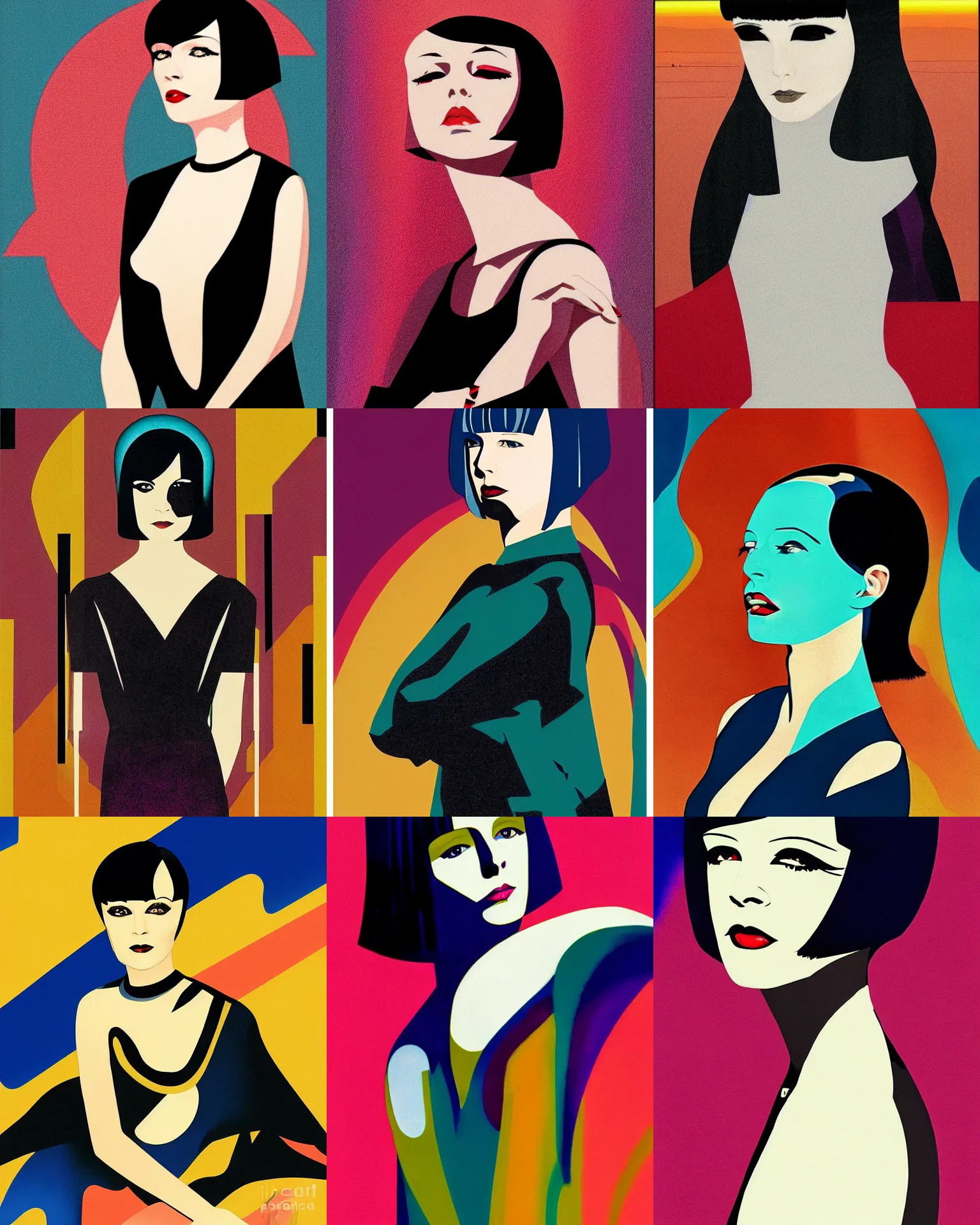 Prompt: full length portrait of mary louise brooks, shiny bob haircut, dramatic light, abstract art deco city background, sunset, 3 colour print, high contrast, sharp, painted by patrick nagel, painted by ross tran