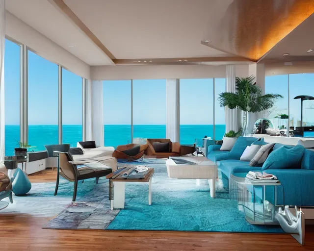 Image similar to A modern living room in a ocean hues style, ocean view, calm, relaxed style, harmony, wide angle shot, 8k resolution