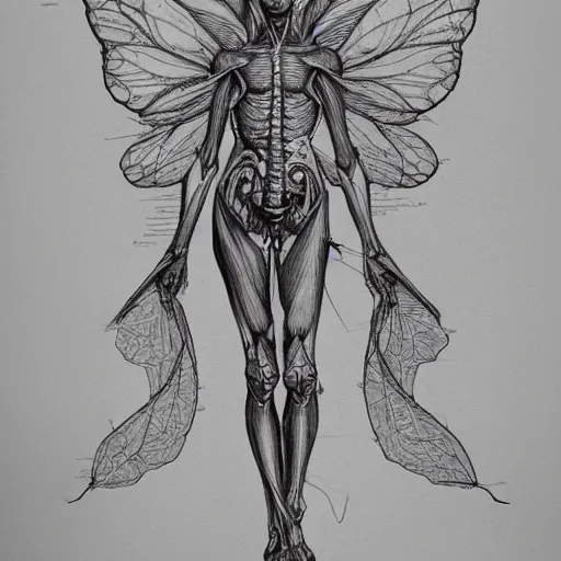 Image similar to anatomical diagram pencil sketch of a fairy, insanely detailed, labeled diagram, medical illustration, insanely intricate, written notes, text, journal paper, watercolor, stains