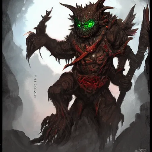 Image similar to a highly detailed goblin with coal colored skin and red eyes that glow, in a cave, like magic the gathering, goblin chainwalker, digital art, by christopher rush