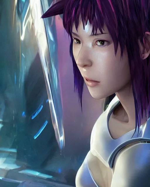 Prompt: weta disney pixar movie still portrait photo of motoko kusanagi ghost in the shell : : as cyborg woman by pixar : : by weta, wlop, ilya kuvshinov, rossdraws, artgerm, marvel, maxim cover, latex, octane render, sweaty, iridescent, bright morning, anime, liosh, mucha : :