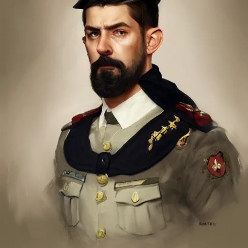 Image similar to portrait of stoic looking miniature schnauzer, military uniform, black fir, white eyebrows, fantasy, intricate, elegant, highly detailed, centered, dark, smokey, digital painting, artstation, concept art, smooth, sharp focus, illustration, art by artgerm and greg rutkowski and alphonse mucha