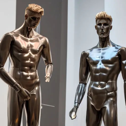 Image similar to a realistic detailed photo of a guy who is an attractive humanoid who is half robot and half humanoid, who is a male android, boxer and youtuber jake paul, shiny skin, posing like a statue, blank stare, at the museum, on display