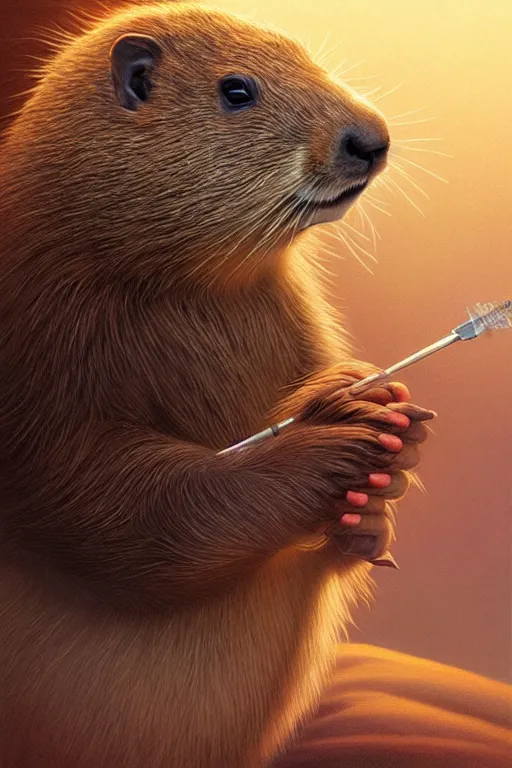 Image similar to drug addicted groundhog with a needle lies on the bed, realistic portrait, highly detailed, digital painting, artstation, concept art, smooth, sharp focus, illustration, cinematic lighting, art by artgerm and greg rutkowski and alphonse mucha