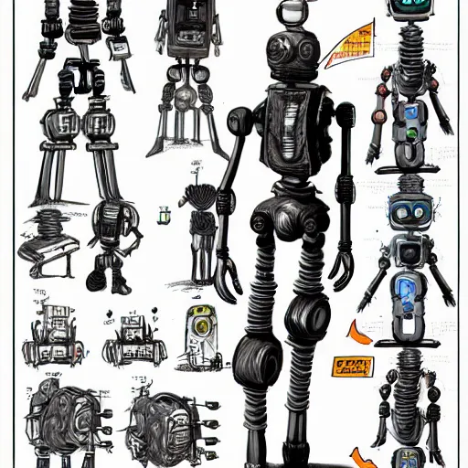 Prompt: pose reference sheet for salvaged robot pilgrim, wandering robot, art by moebius, reference art