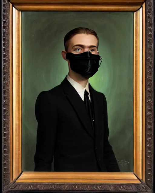 Image similar to portrait of young man wearing black medical mask, suit and tie, style of james c. christensen