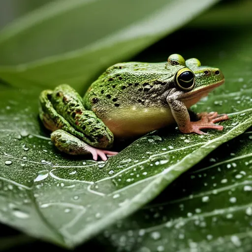 Prompt: a national geographic close-up photograph of a rat and frog on a giant leaf, in the rain.