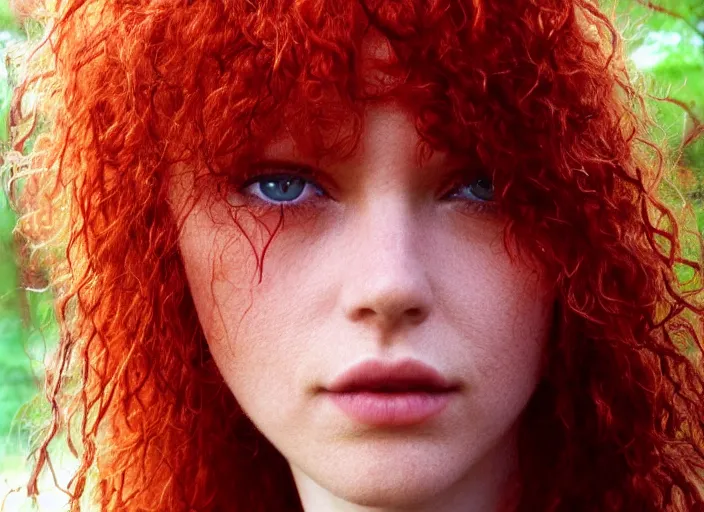 Image similar to award winning 3 5 mm close up face portrait photo of a redhead with blood - red wavy hair and precise intricate irises in a park by luis royo