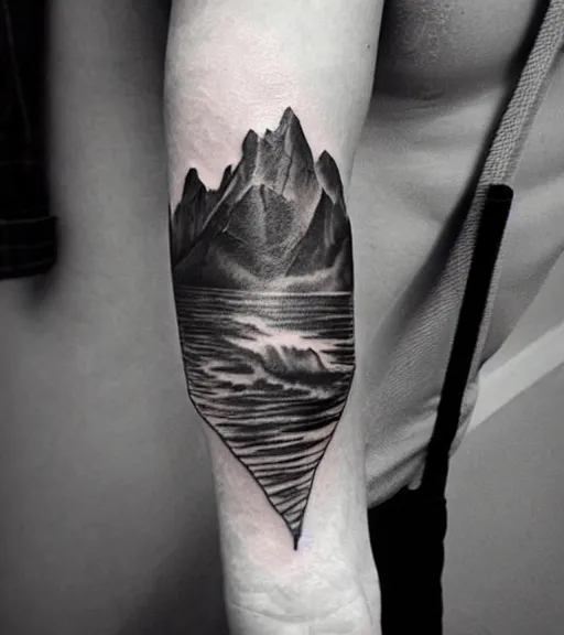 Prompt: tattoo design sketch of an extremely beautiful woman with a background of beautiful mountains on the side, hyper - realistic, double exposure effect, in the style of den yakovlev, amazing detail, black and white, faded