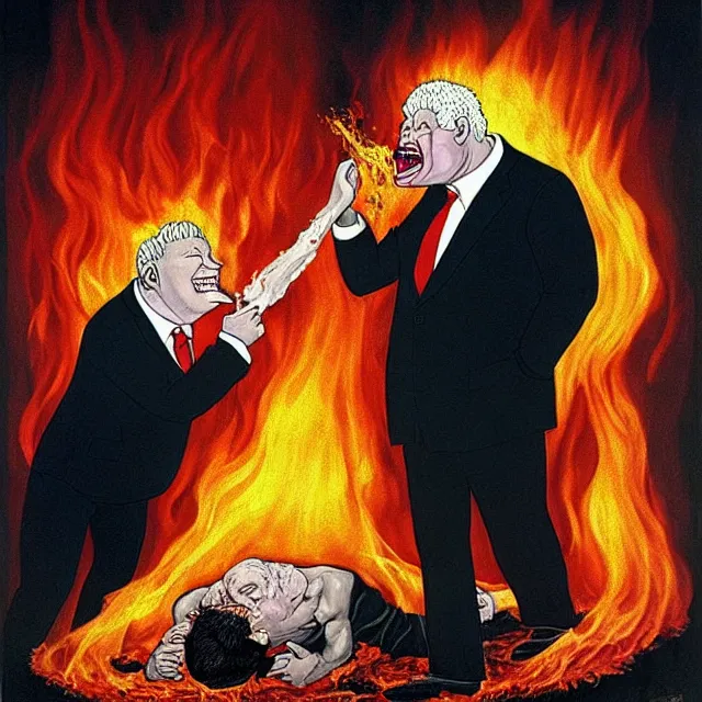 Prompt: boris yeltsin pours lead into the mouth of a sinner in hell, scary art in color