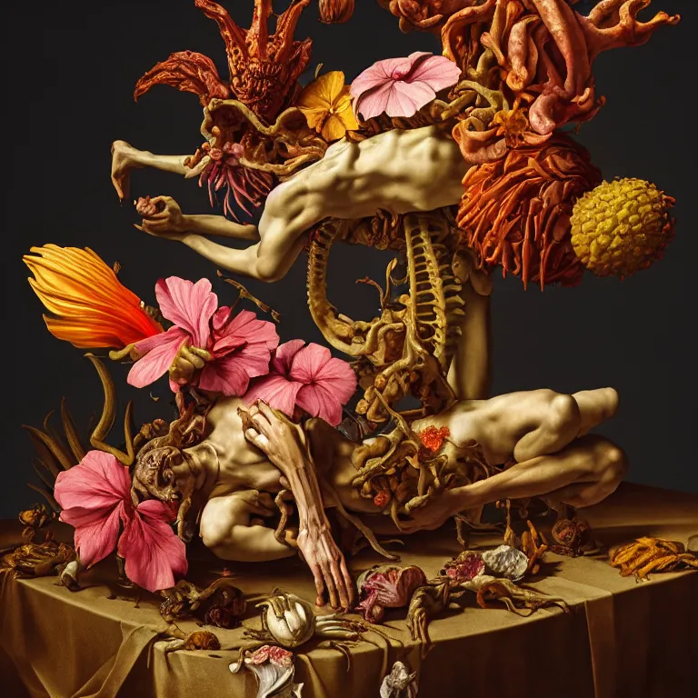 Prompt: still life of rotten flesh, beautiful tropical flowers, human spine, colorful mold, baroque painting, beautiful detailed intricate insanely detailed octane render, 8K artistic photography, photorealistic, chiaroscuro, Raphael, Caravaggio