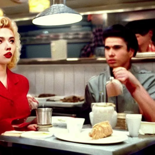 Image similar to Scarlett Johansson serving cherry pie at the double r diner in Twin Peaks (1990)