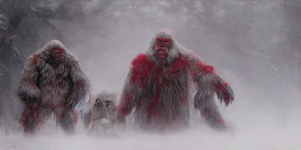 Prompt: the end is near. a tired yeti and bigfoot is sitting on his throne. face is highly detailed. splices of red are running down his toga. mist. color scheme red. low angle medium shot. rim light. imagined by jeremy lipking