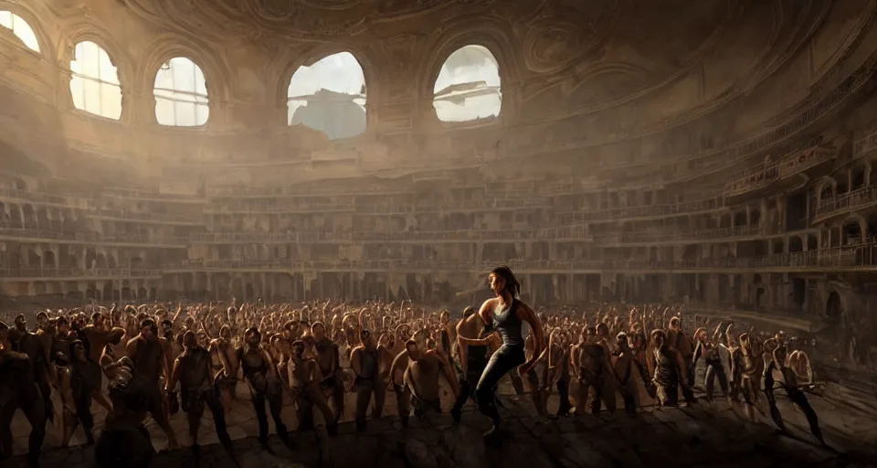 Image similar to lara croft exploring the stage of an italian opera house with numerous musclebound male goons patrolling the area, by wlop and greg rutkowski, extremely detailed shading, concept art, digital painting, trending on artstation, unreal engine 5, octane render, atmosphere, lens flare, glow, cinematic lighting, full of color