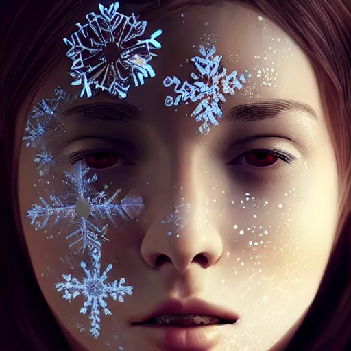 Prompt: pretty snowflakes morphing coalescing into face. artstation award cgsociety