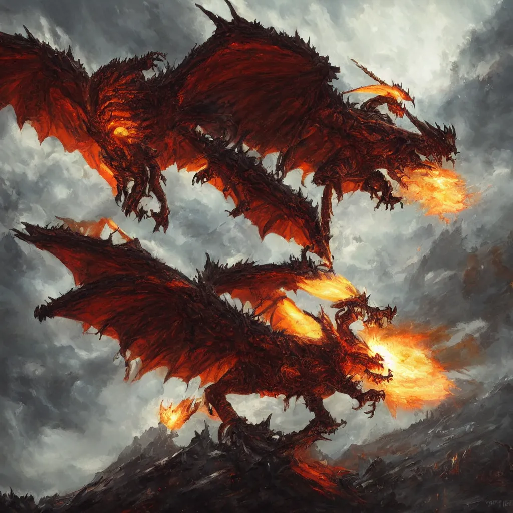 Image similar to oil painting of deathwing dragon flying down on earth by greg rutkowski