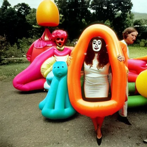 Prompt: 1976 glamorous middle aged woman wearing an inflatable toy head, wearing a dress, in a small village full of inflatable animals, 1976 French film archival footage technicolor film expired film 16mm Fellini new wave John Waters Russ Meyer movie still