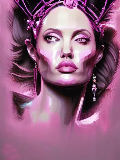 Image similar to pink portrait of beautiful female angel queen Angelina Jolie head wearing shiny pink crown, subtle purple accents, hyper details, black metal rococo, sculpted by Alex Alice, Craig Mullins, yoji shinkawa, trending on artstation, beautifully lit, Peter mohrbacher, hyper detailed, insane details, intricate, elite, elegant, luxury, ray of light through smoke, CGsociety, hypermaximalist, blackpink, golden ratio, volumetric, octane render, weta digital, micro details, 3d sculpture