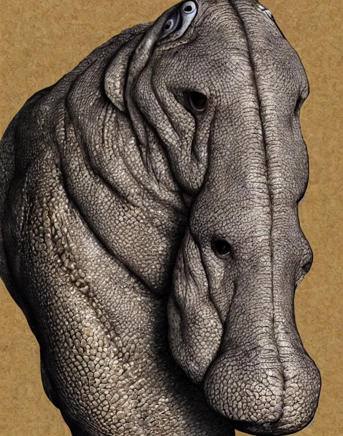 Prompt: portrait of muscular animal human merged head dolphin skin, scales, merged with monkey head, hippo face morphed, gills, horse head animal merge, morphing dog head, merging crocodile head, anthropomorphic, creature, solid background
